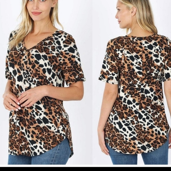 Leopard Print S/Sleeve V-Neck Top - Picture 1 of 4